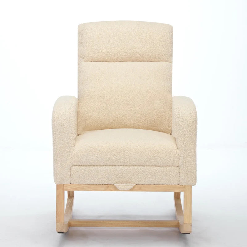 Fauteuil à bascule rembourré à dossier haut avec base en bois massif et pochette latérale