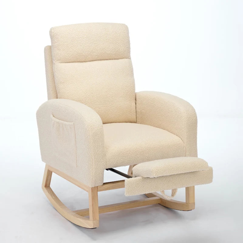 Fauteuil à bascule rembourré à dossier haut avec base en bois massif et pochette latérale