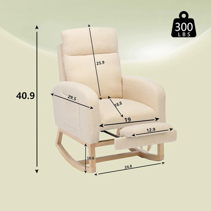 Fauteuil à bascule rembourré à dossier haut avec base en bois massif et pochette latérale