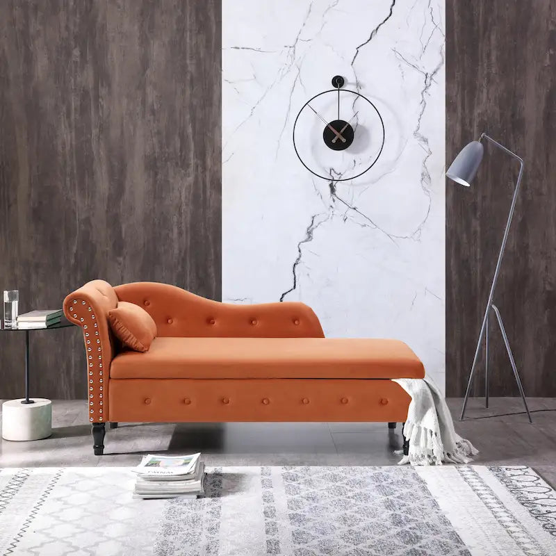 Méridienne capitonnée en velours orange de 152 cm avec rangement