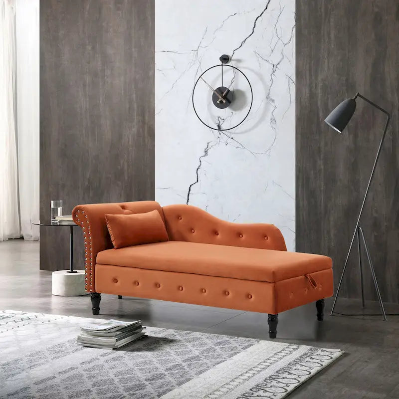 Méridienne capitonnée en velours orange de 152 cm avec rangement