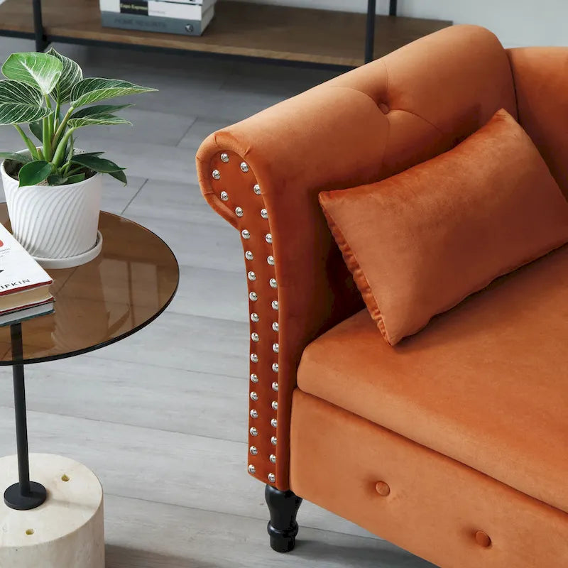 Méridienne capitonnée en velours orange de 152 cm avec rangement