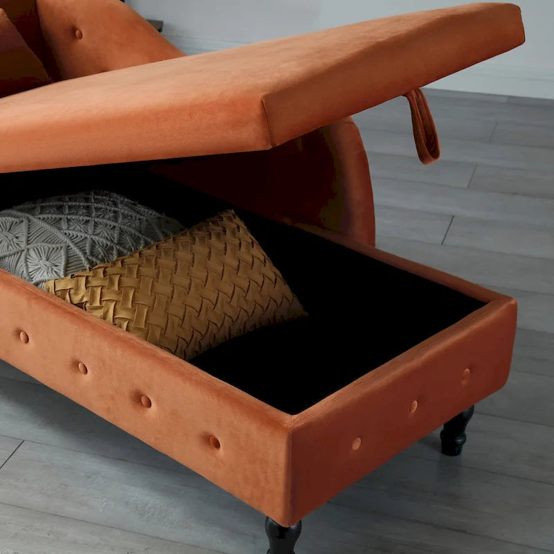 Méridienne capitonnée en velours orange de 152 cm avec rangement