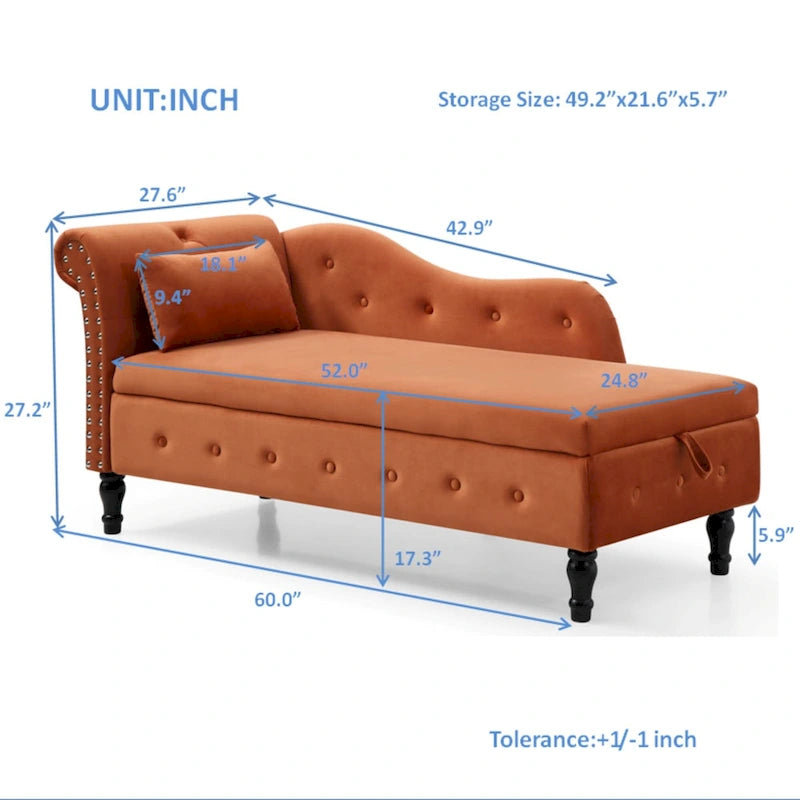 Méridienne capitonnée en velours orange de 152 cm avec rangement