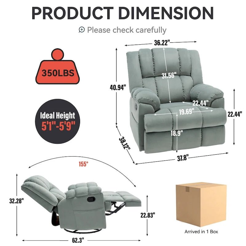 Fauteuil inclinable, pivotant et berçant surdimensionné avec inclinaison à 155° et revêtement en tissu