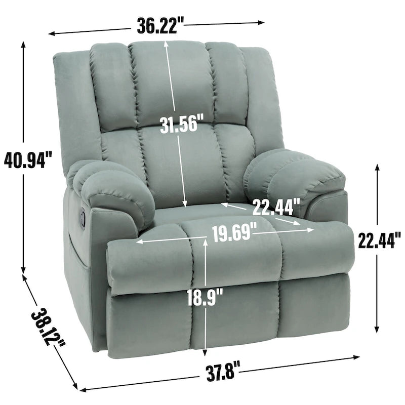 Fauteuil inclinable, pivotant et berçant surdimensionné avec inclinaison à 155° et revêtement en tissu