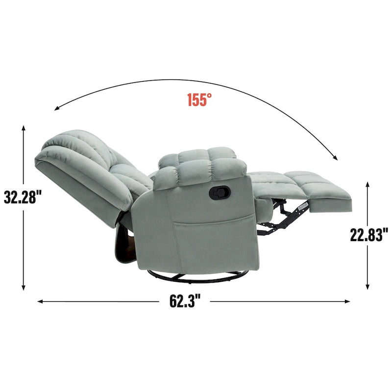 Fauteuil inclinable, pivotant et berçant surdimensionné avec inclinaison à 155° et revêtement en tissu