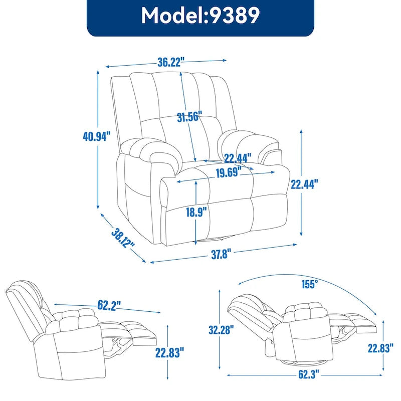 Fauteuil inclinable, pivotant et berçant surdimensionné avec inclinaison à 155° et revêtement en tissu