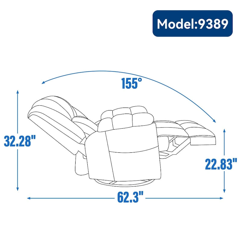 Fauteuil inclinable, pivotant et berçant surdimensionné avec inclinaison à 155° et revêtement en tissu
