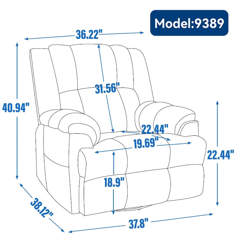 Fauteuil inclinable, pivotant et berçant surdimensionné avec inclinaison à 155° et revêtement en tissu