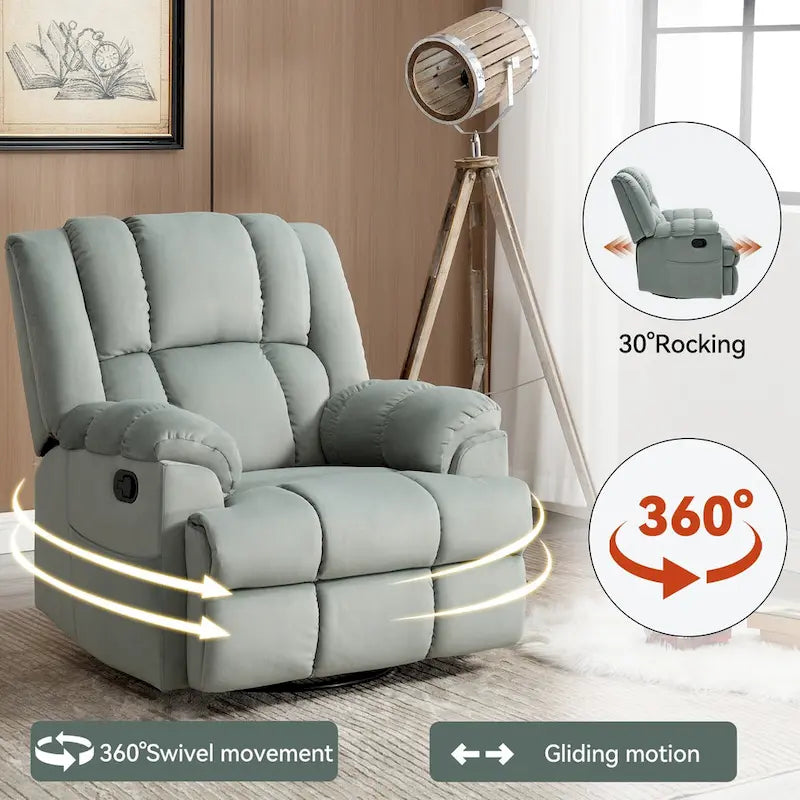 Fauteuil inclinable, pivotant et berçant surdimensionné avec inclinaison à 155° et revêtement en tissu