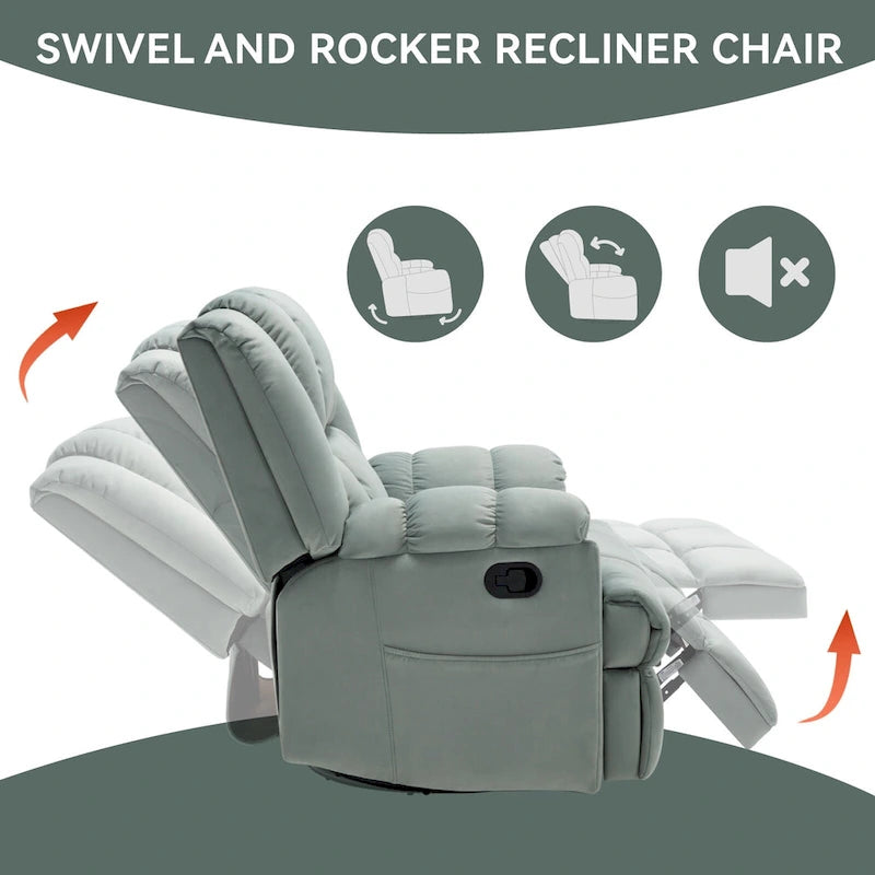 Fauteuil inclinable, pivotant et berçant surdimensionné avec inclinaison à 155° et revêtement en tissu