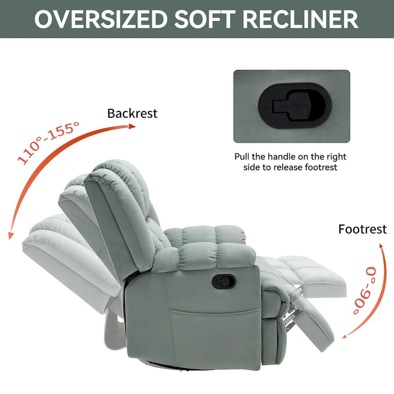 Fauteuil inclinable, pivotant et berçant surdimensionné avec inclinaison à 155° et revêtement en tissu
