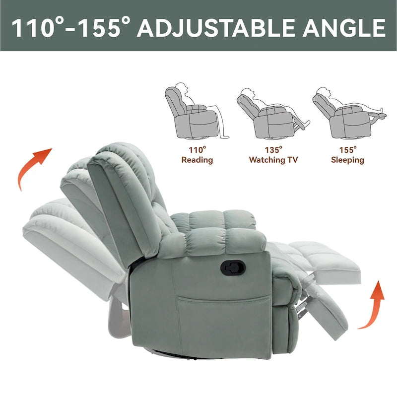 Fauteuil inclinable, pivotant et berçant surdimensionné avec inclinaison à 155° et revêtement en tissu