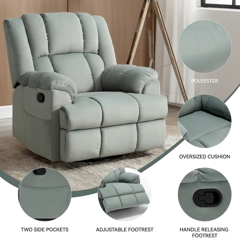 Fauteuil inclinable, pivotant et berçant surdimensionné avec inclinaison à 155° et revêtement en tissu