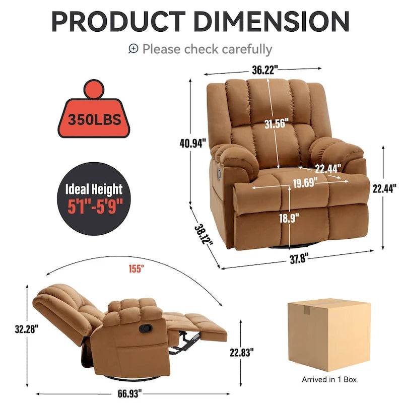 Fauteuil inclinable, pivotant et berçant surdimensionné avec inclinaison à 155° et revêtement en tissu