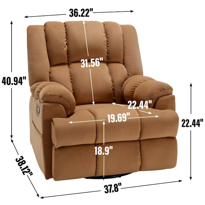 Fauteuil inclinable, pivotant et berçant surdimensionné avec inclinaison à 155° et revêtement en tissu