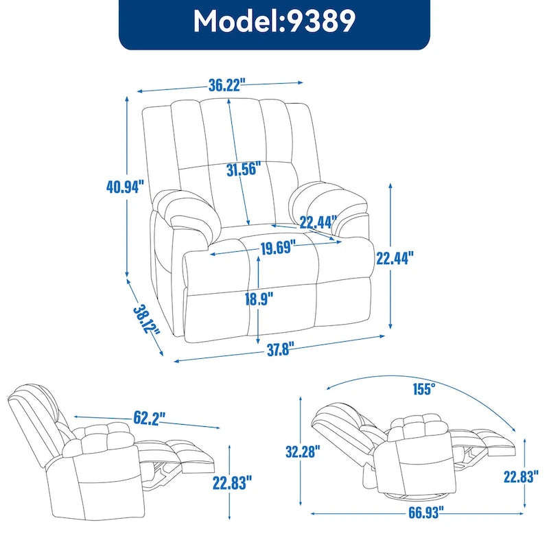 Fauteuil inclinable, pivotant et berçant surdimensionné avec inclinaison à 155° et revêtement en tissu