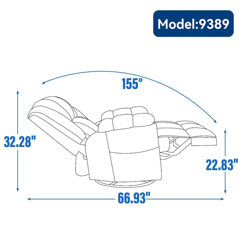 Fauteuil inclinable, pivotant et berçant surdimensionné avec inclinaison à 155° et revêtement en tissu