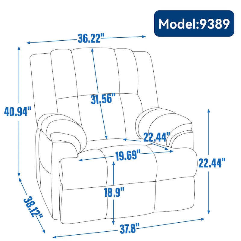 Fauteuil inclinable, pivotant et berçant surdimensionné avec inclinaison à 155° et revêtement en tissu