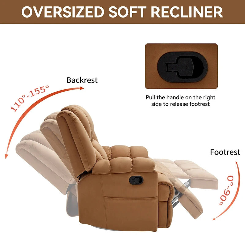 Fauteuil inclinable, pivotant et berçant surdimensionné avec inclinaison à 155° et revêtement en tissu