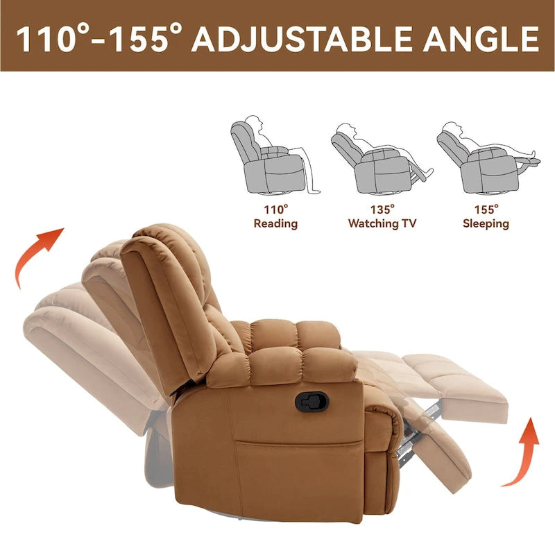 Fauteuil inclinable, pivotant et berçant surdimensionné avec inclinaison à 155° et revêtement en tissu