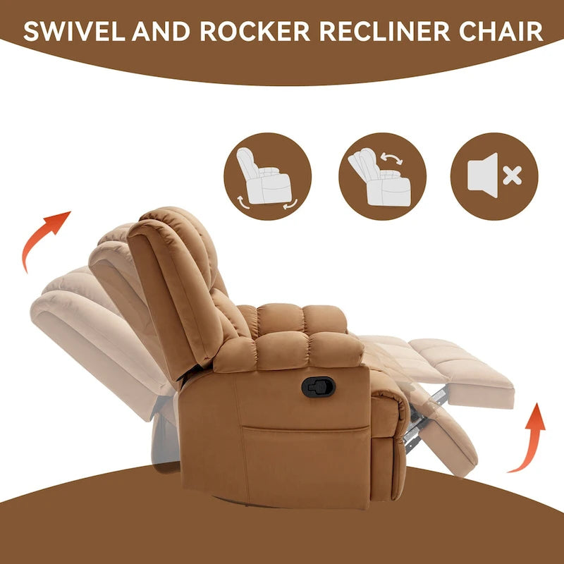 Fauteuil inclinable, pivotant et berçant surdimensionné avec inclinaison à 155° et revêtement en tissu