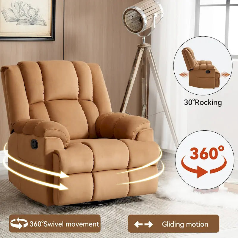 Fauteuil inclinable, pivotant et berçant surdimensionné avec inclinaison à 155° et revêtement en tissu
