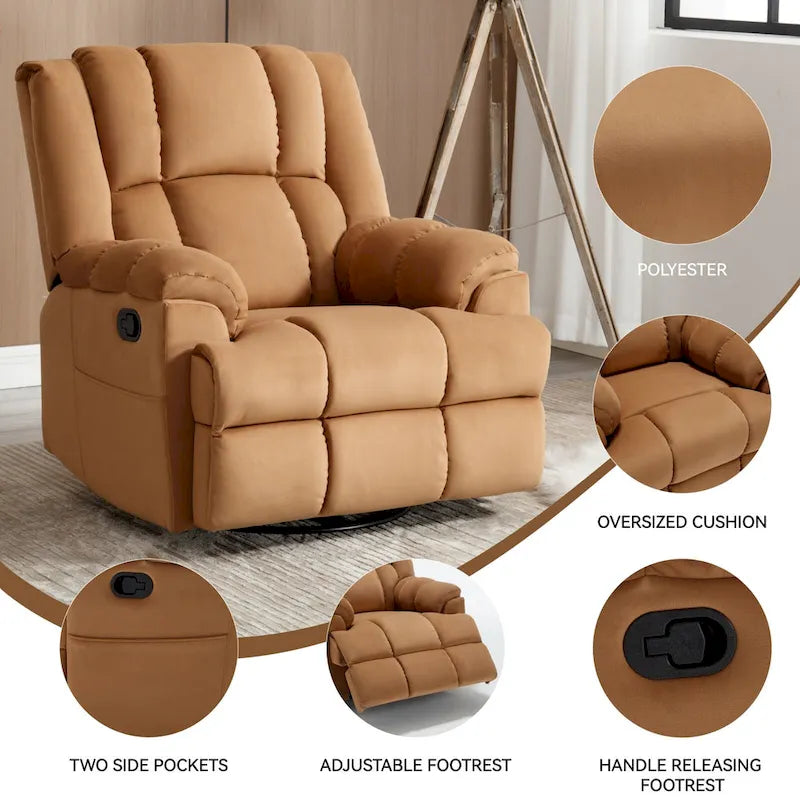 Fauteuil inclinable, pivotant et berçant surdimensionné avec inclinaison à 155° et revêtement en tissu