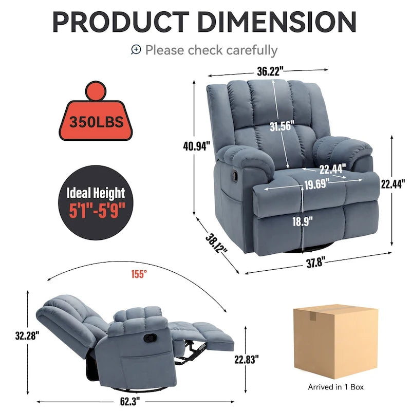 Fauteuil inclinable, pivotant et berçant surdimensionné avec inclinaison à 155° et revêtement en tissu
