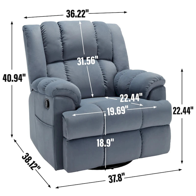 Fauteuil inclinable, pivotant et berçant surdimensionné avec inclinaison à 155° et revêtement en tissu