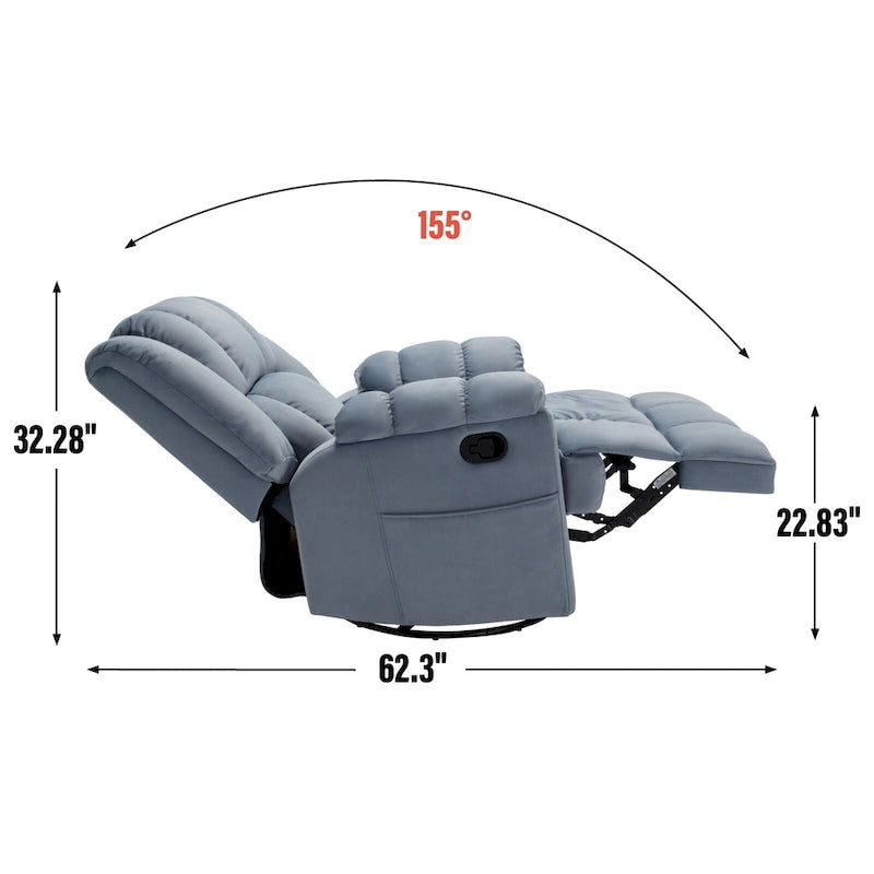 Fauteuil inclinable, pivotant et berçant surdimensionné avec inclinaison à 155° et revêtement en tissu