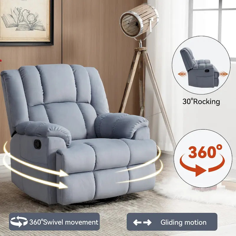 Fauteuil inclinable, pivotant et berçant surdimensionné avec inclinaison à 155° et revêtement en tissu