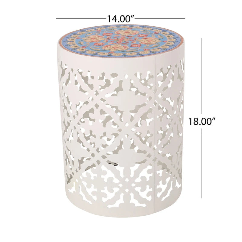 Table d'appoint en métal ajouré et plateau en mosaïque