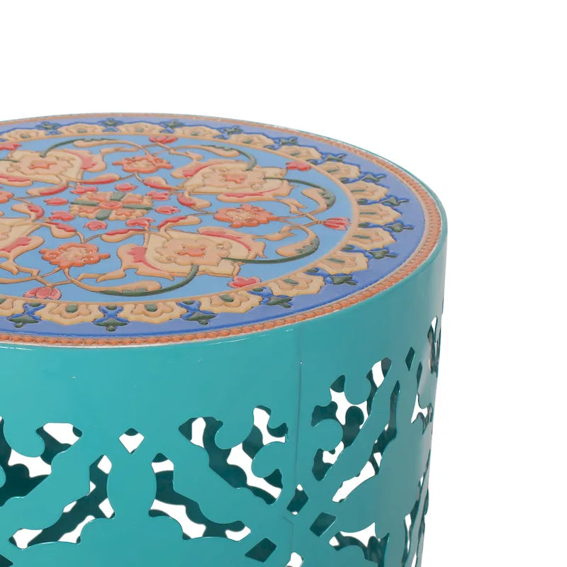 Table d'appoint en métal ajouré et plateau en mosaïque