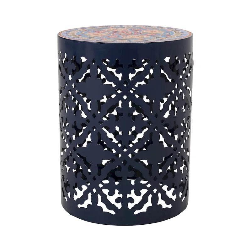Table d'appoint en métal ajouré et plateau en mosaïque