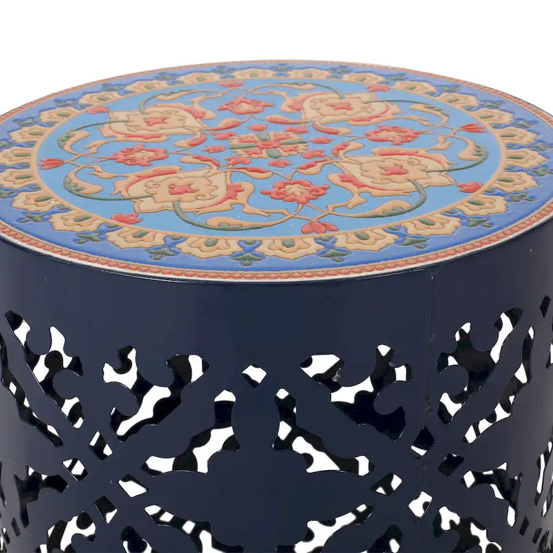 Table d'appoint en métal ajouré et plateau en mosaïque