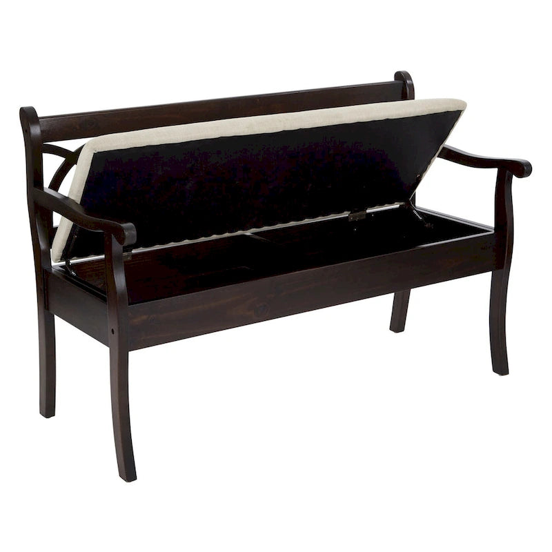 Banc de rangement d'entrée avec siège relevable, structure noire antique et coussin beige