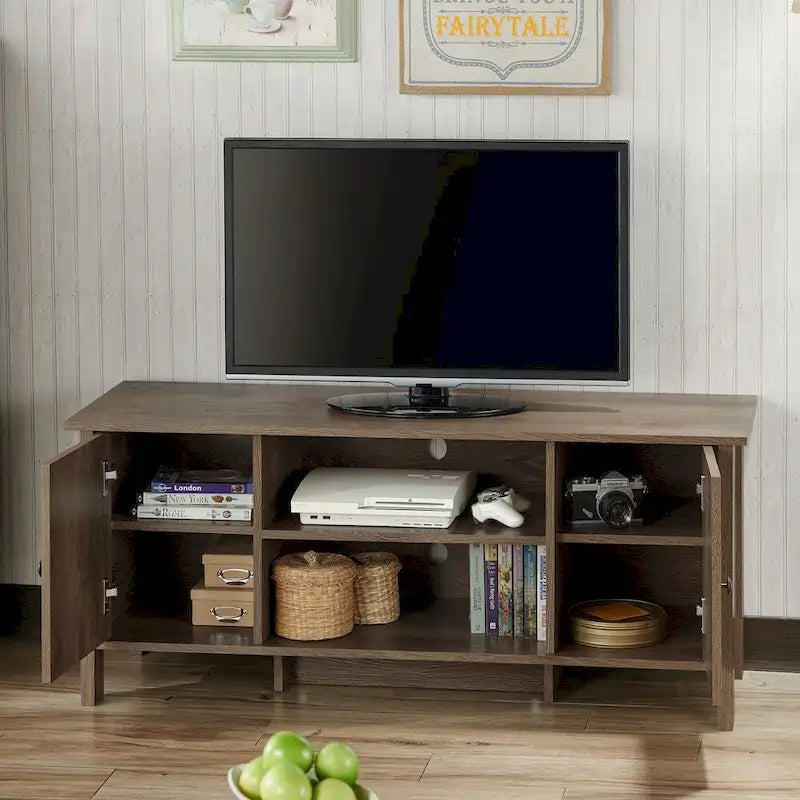 Meuble TV en noyer vieilli transitionnel avec 6 étagères et armoires de rangement