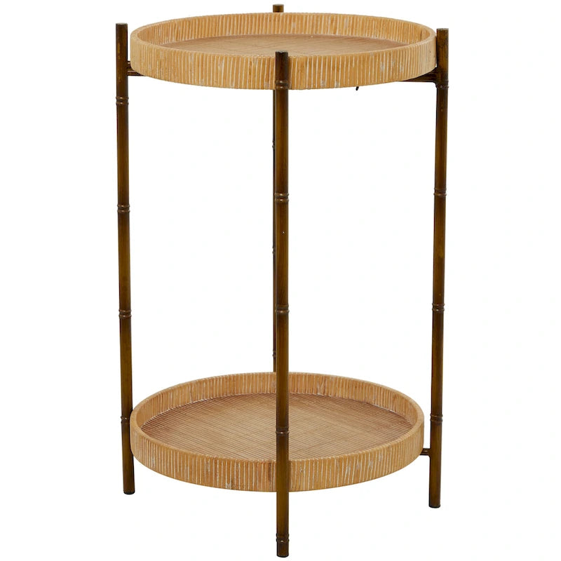 Table d'appoint à deux niveaux en rotin avec pieds en métal d'inspiration bambou – Marron