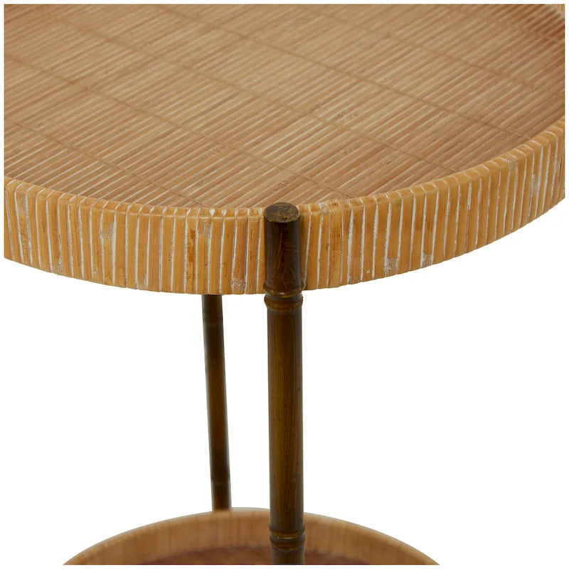 Table d'appoint à deux niveaux en rotin avec pieds en métal d'inspiration bambou – Marron