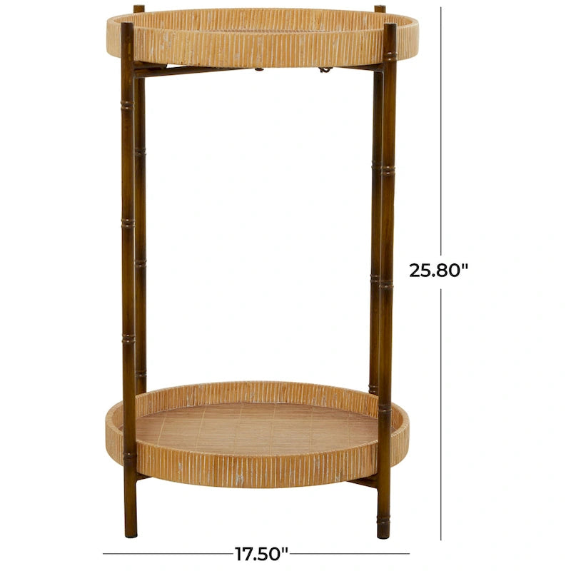 Table d'appoint à deux niveaux en rotin avec pieds en métal d'inspiration bambou – Marron