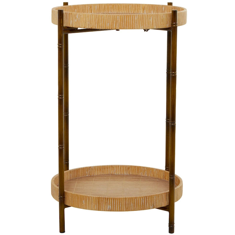 Table d'appoint à deux niveaux en rotin avec pieds en métal d'inspiration bambou – Marron