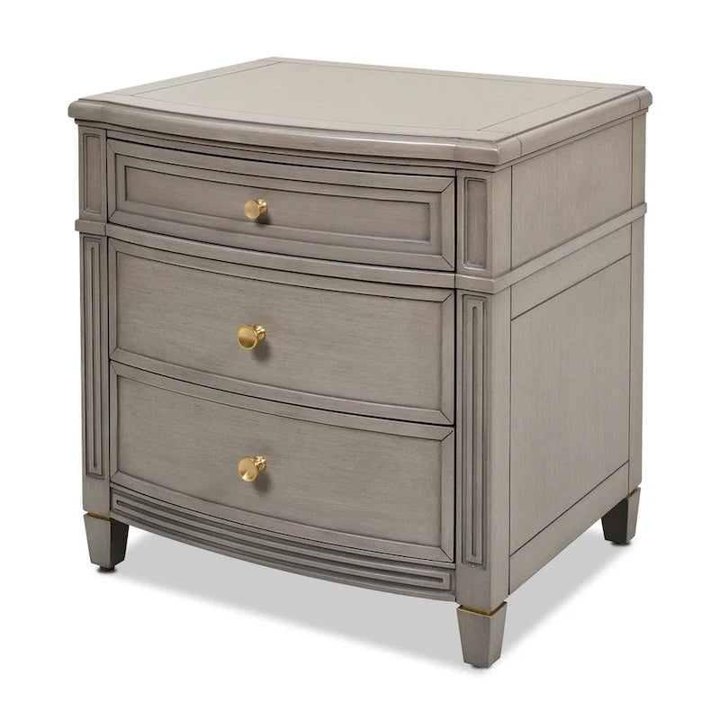 Table d'appoint à 3 tiroirs en bois massif avec poignées dorées satinées et pieds effilés
