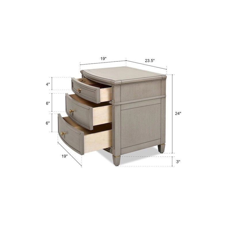 Table d'appoint à 3 tiroirs en bois massif avec poignées dorées satinées et pieds effilés