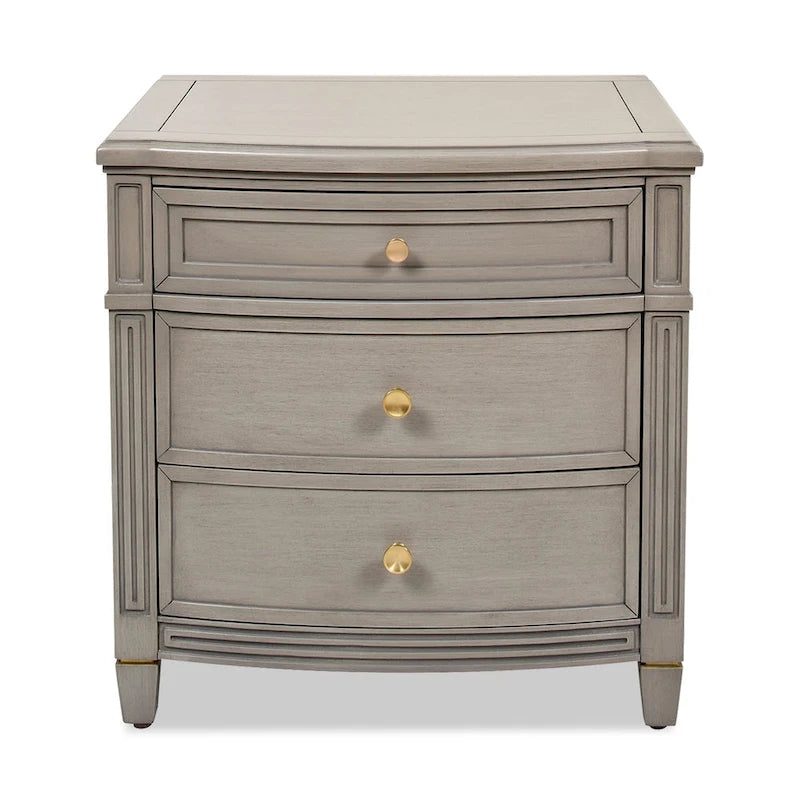 Table d'appoint à 3 tiroirs en bois massif avec poignées dorées satinées et pieds effilés