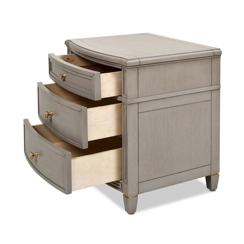 Table d'appoint à 3 tiroirs en bois massif avec poignées dorées satinées et pieds effilés