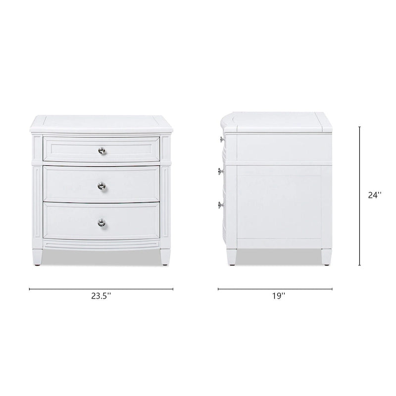 Table d'appoint à 3 tiroirs en bois massif avec poignées dorées satinées et pieds effilés