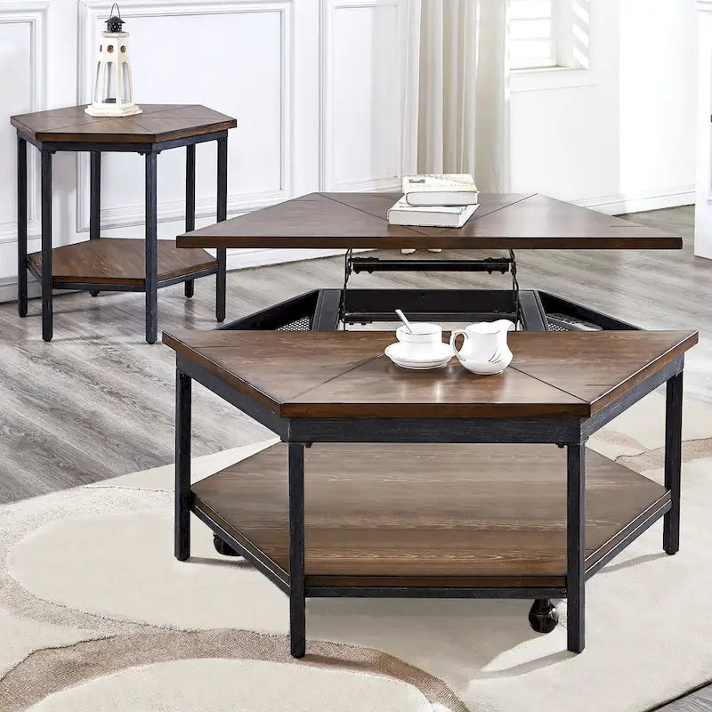 Table basse relevable hexagonale avec base en fer et roulettes – Moka marron