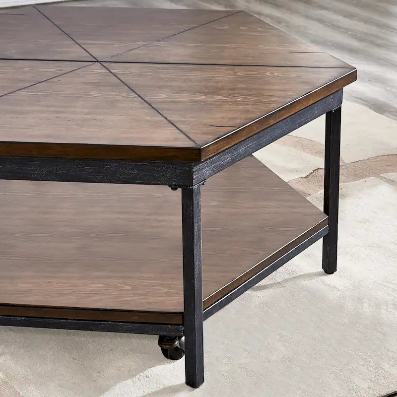 Table basse relevable hexagonale avec base en fer et roulettes – Moka marron